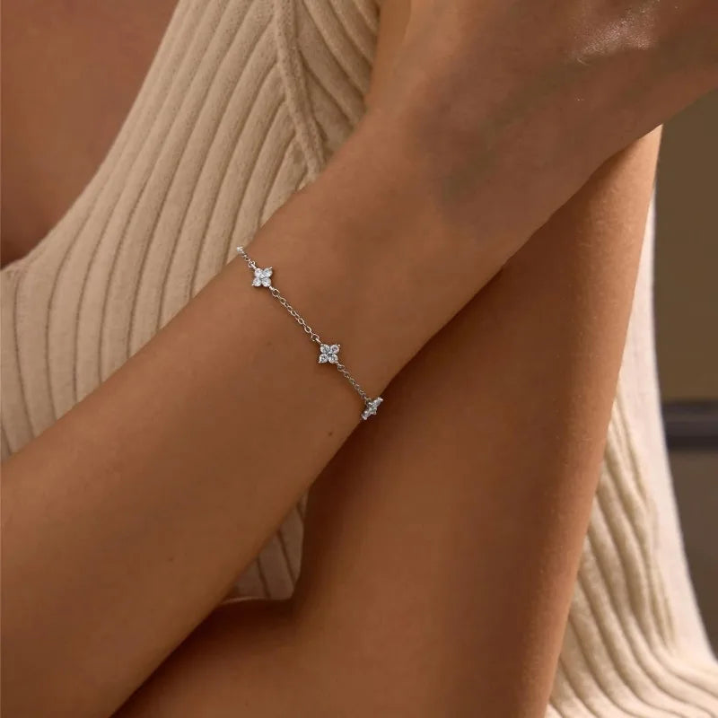 Silver Plated Cz Four-leaf Flower Bracelet for Women Girl Cute Dainty Adjustable Link Chain Bracelet Trend 18k Gold