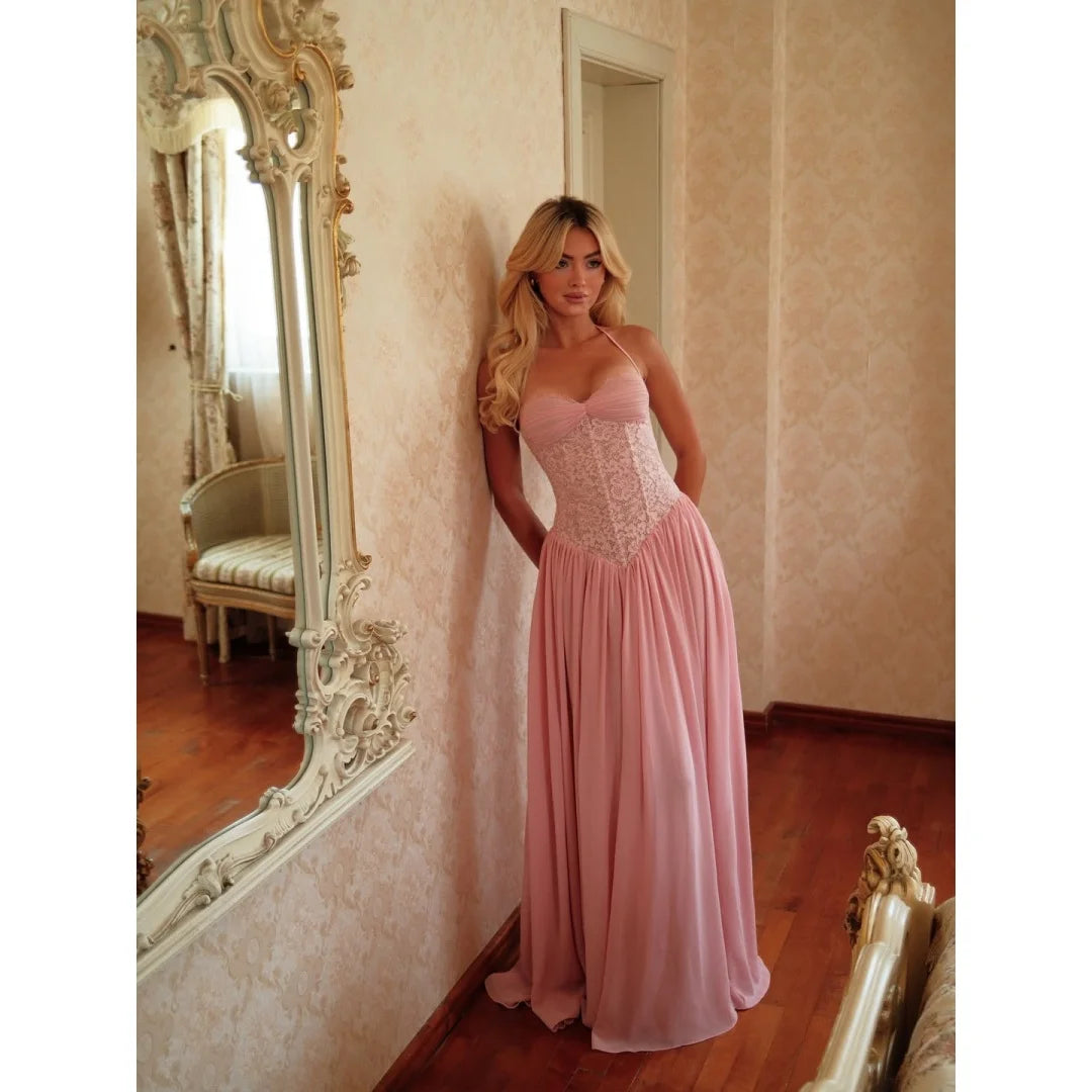 Halter Neck Lace Prom Dress A-Line Floor-Length Vestidos De Noche Elegant Lace-up Back Evening Dresses 2026