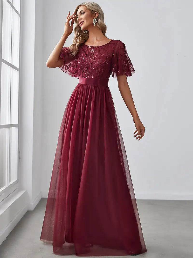 Print Maxi Long with Cap Sleeve Ever Pretty of Burgundy Gauze Prom Dresses Of Women