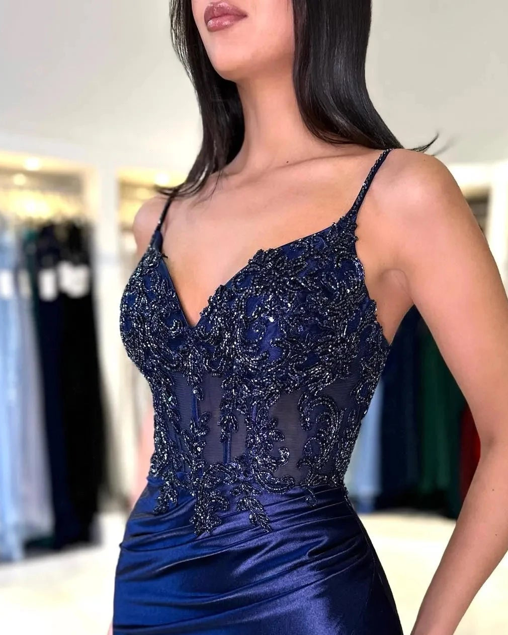 Blue Evening Dress Women Lace Applique Floor Length Suspenders Bridal Formal Long Tight Sexy Ball Gowns Party Pageant Dress