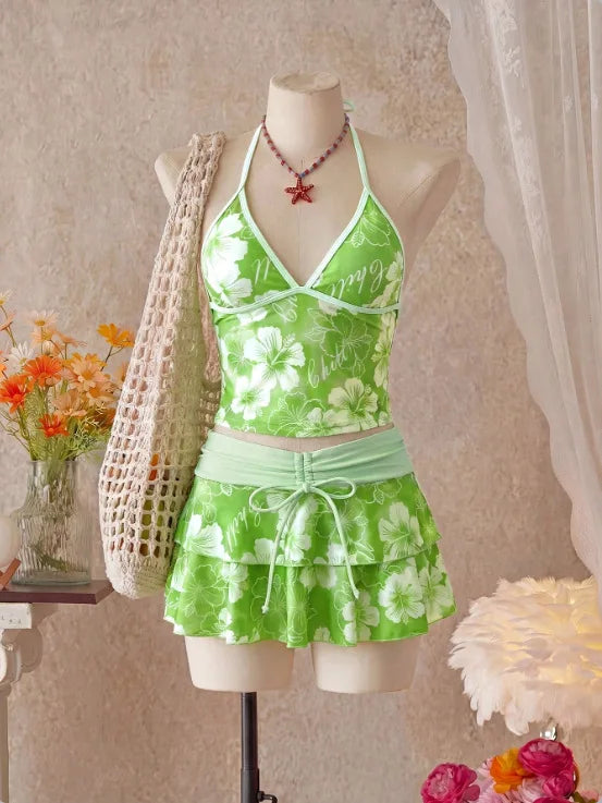 Top Bikini Brief Drawstring Tiered Ruffle Swim Skirt Tropical Beach Swimwear