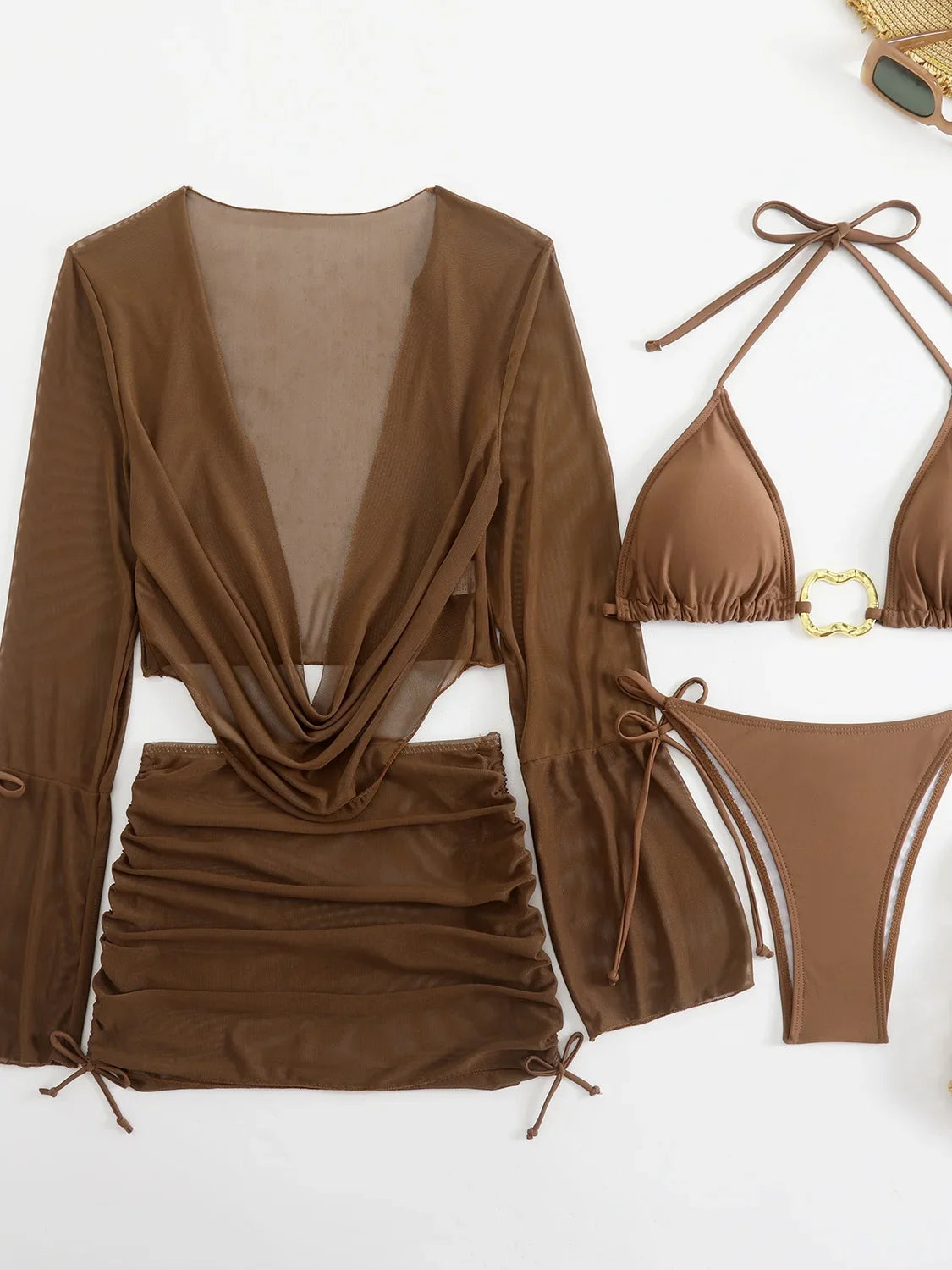 Sexy Bikinis Sets Women Long Sleeve Mesh Cover Up Skirt Swimsuit Beach Bathing Suit Holiday Swimwear Biquini