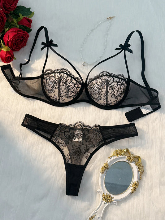 women's black comfortable lightweight bow semi transparent lingerie