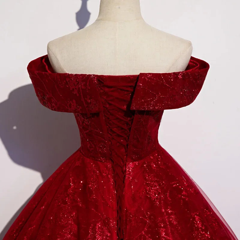 New Long Elegant Fit-and-Flare Evening Gown with One-Shoulder Tie-Up for Hostess and Art Examination, Women's Red Tulle Dress