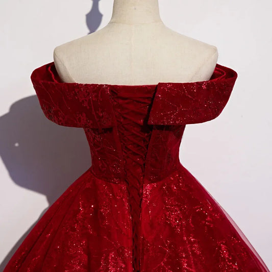 New Long Elegant Fit-and-Flare Evening Gown with One-Shoulder Tie-Up for Hostess and Art Examination, Women's Red Tulle Dress