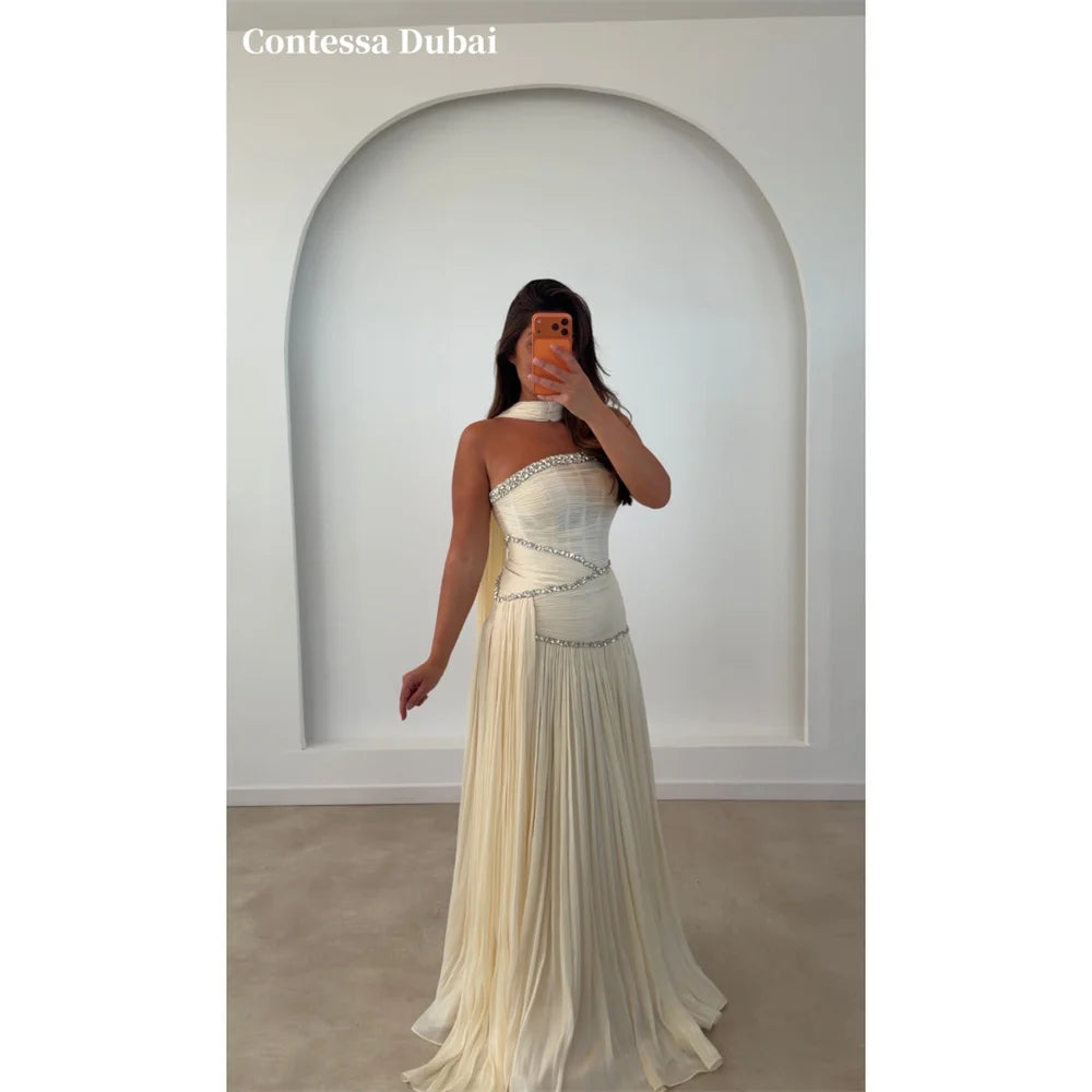 Dress Crystal Chiffon Prom Dresses Pleated Vestidos De Noche Elegant Formal Evening