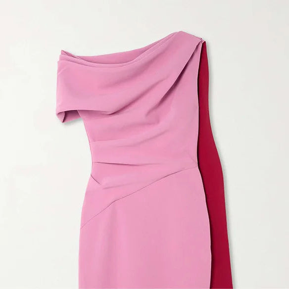 Women One Shoulder Column Midi Cocktail Gowns Tea Length Draped Sheath Formal Party Dress