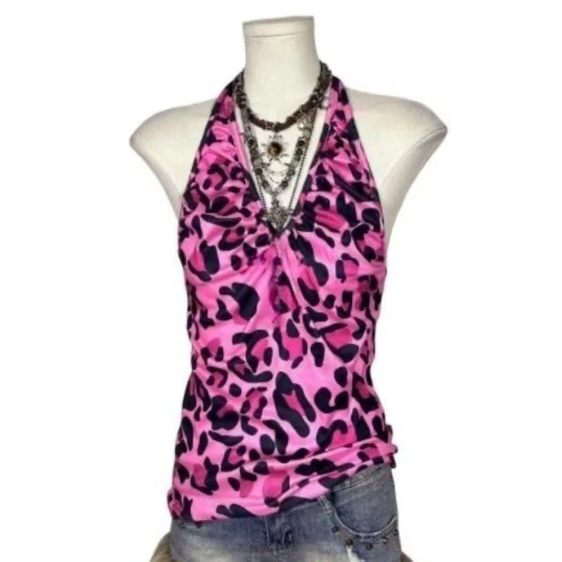 Summer Sweet Chic Design Lace Spliced Halter Tanks Slim Fit Flower Prints Hotsweet Backless Women Blouses
