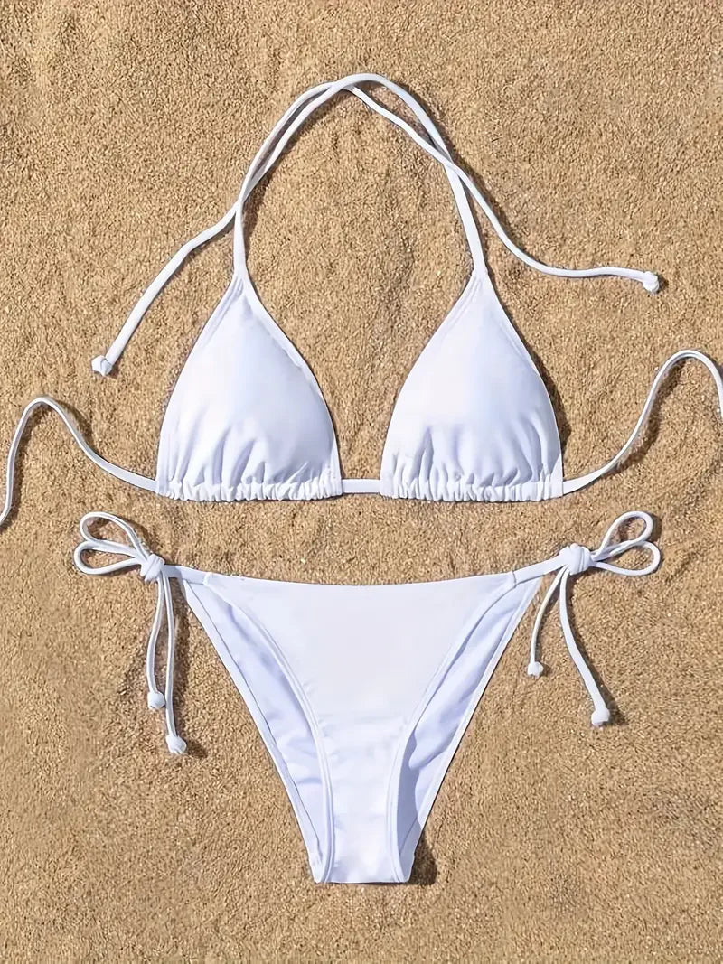 Women Swimsuit Bikini Set Halter Triangle Bra Side Tie Thong Swimwear Beachwear Lady Bathing Suit