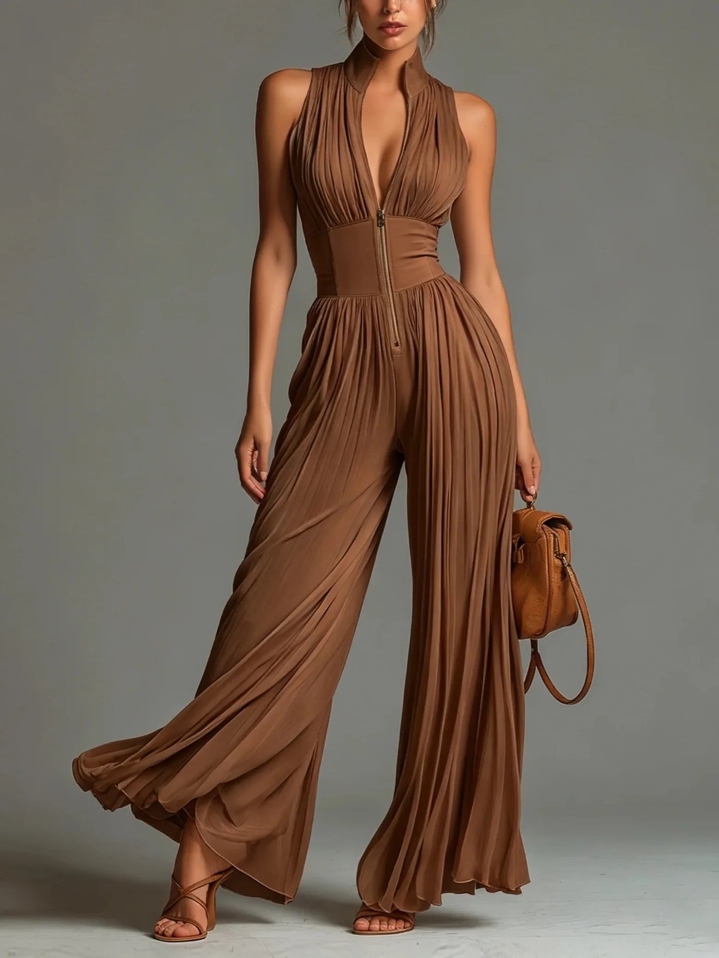 Women Elegant Chiffon Sleeveless Jumpsuit High Waist Pleated Flowy Wide Leg One Piece Overalls Holiday Casual Streetwear Rompers