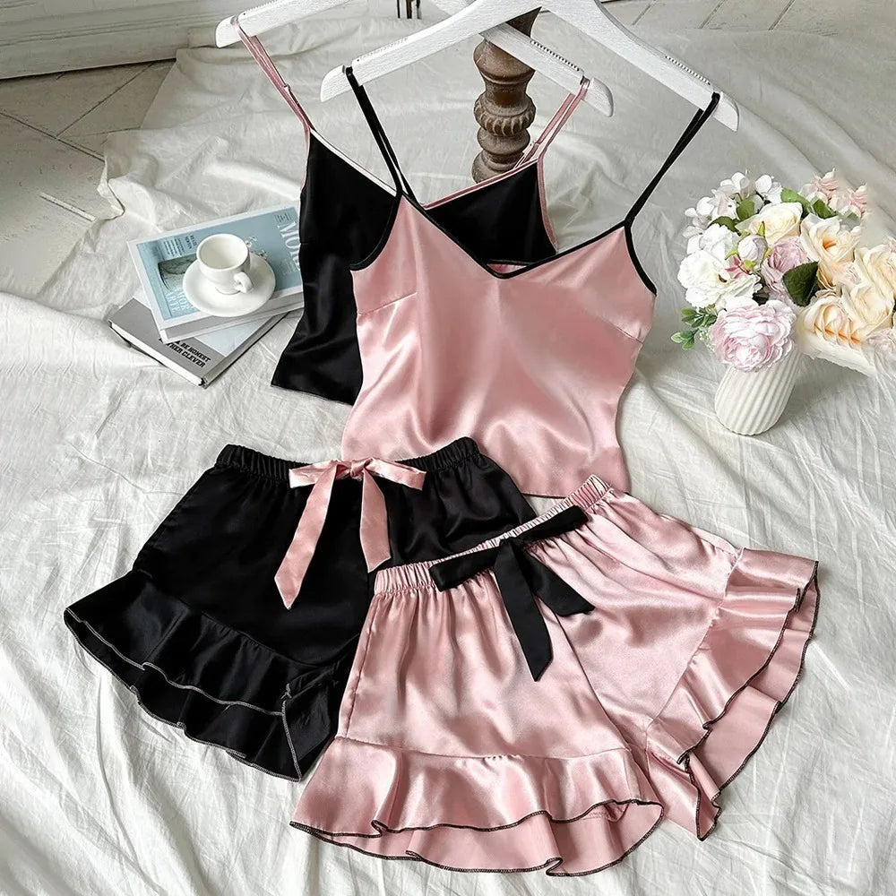 Women's Smooth Satin Pajamas V-Neck Top Ruffled Edges and Bow Shorts Simple and Breathable Pajama Set Sling Home Clothing