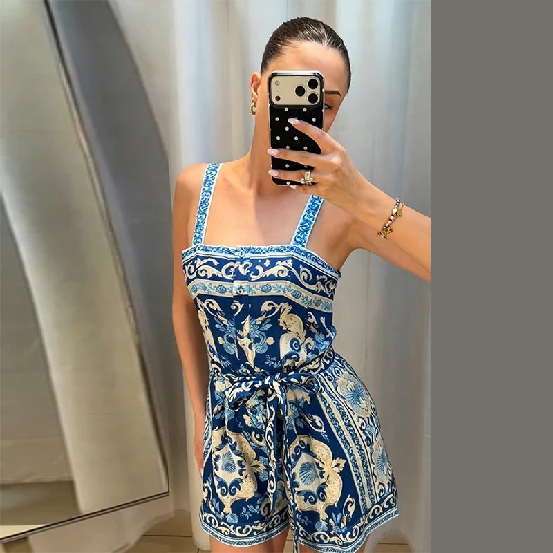 Print Sling Shorts Jumpsuits Women Square Lace Up High Waist Wide Legs Jumpsuit Female 2026 Summer New Chic Vacation Streetwears