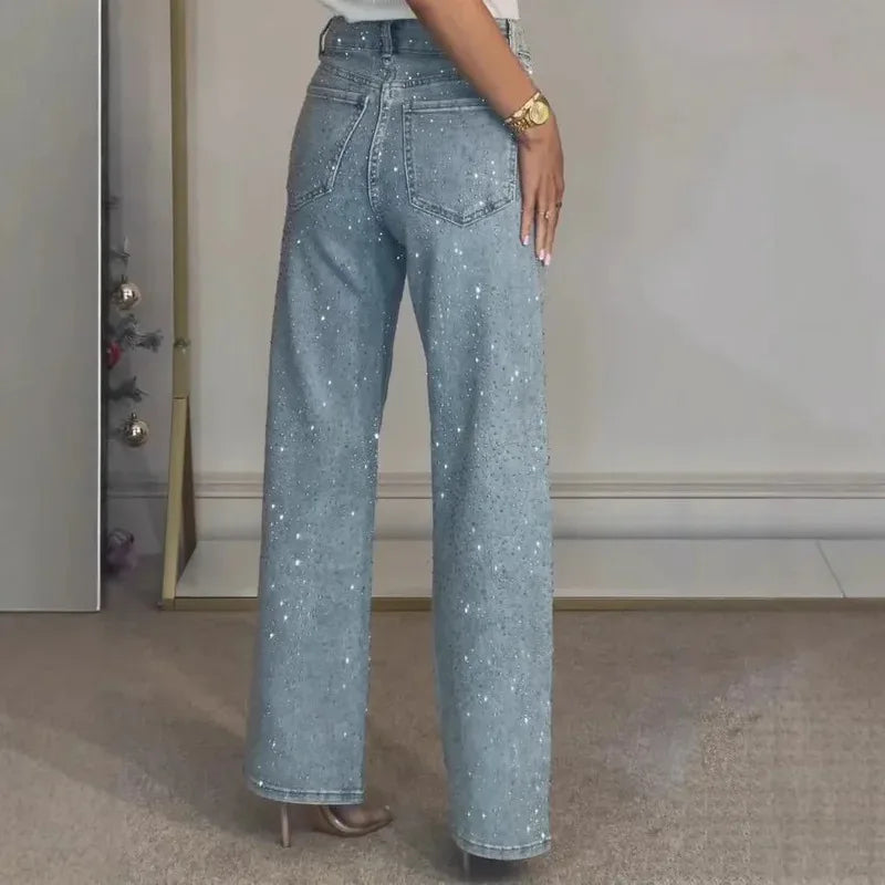 2025 Women Jeans Straight Diamonds Pants Stretch High Waist Washed Mom Jeans  Streetwear Trousers Vintage Denims Streetwear