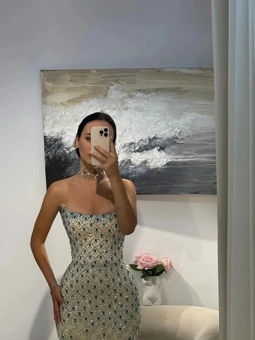 Luxury Mermaid Evening Dresses for Women Rhinestones Strapless Dubai Formal Party Gowns Vestidos De Fiesta