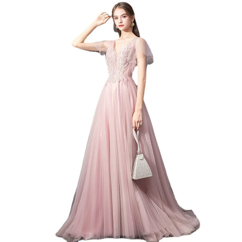 2026 Summer New Women's Banquet Pink Evening Dress Fashionable Look Slimming and Skinny Bareback Long Mesh