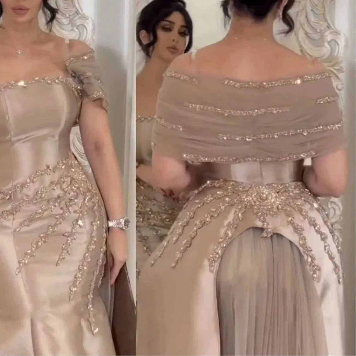 Women's Evening Dresses for Special Occasions Champagne Satin Prom Dresses 2025 Beads Party Luxurious
