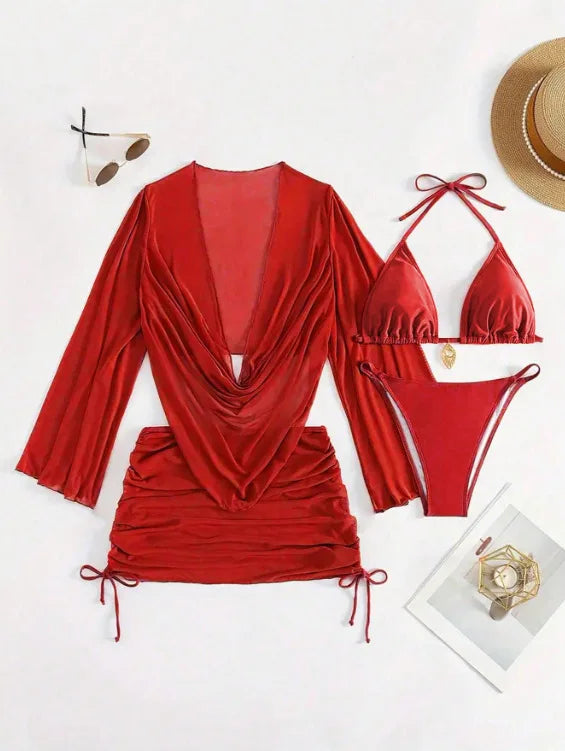 Sexy Solid Color Bikini Set With Sheer Cover-Up, Suitable For Vacation, Beach Party, Perfect For New Year And Valentine's