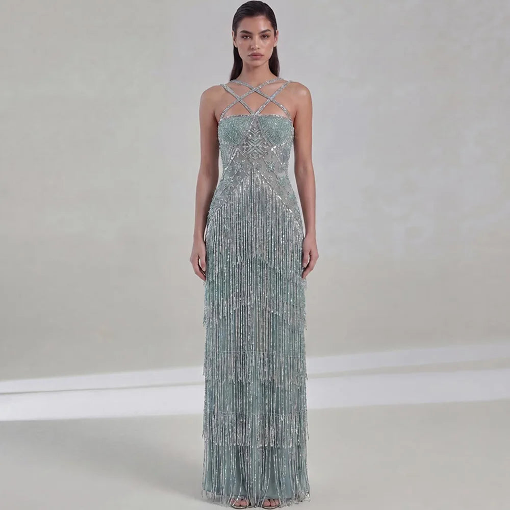 Elegant Strapless Sleeveless Evening Dress Customized Delicate Tiered Tassel Vestido De Noche Sparkly Beading Party Dresses