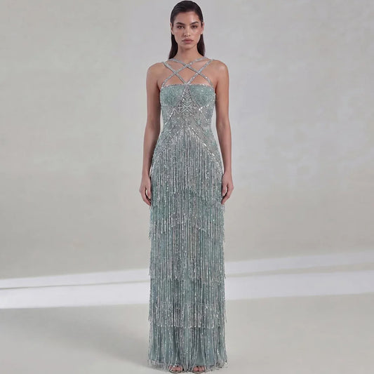 Elegant Strapless Sleeveless Evening Dress Customized Delicate Tiered Tassel Vestido De Noche Sparkly Beading Party Dresses