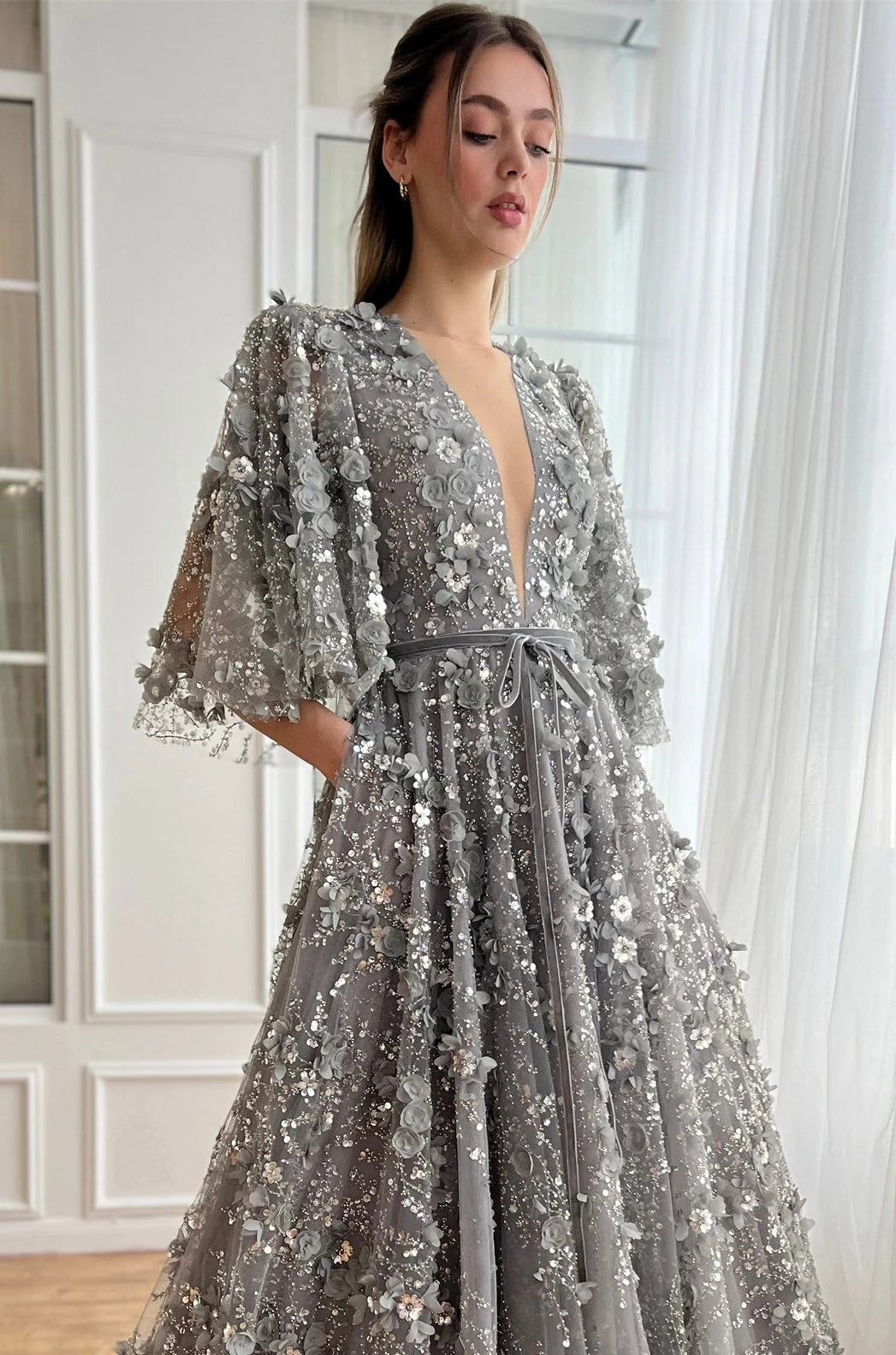 Party Evening Dress Grey Ball Female Dresses for Youth Women Prom Deess Evones Long Gala