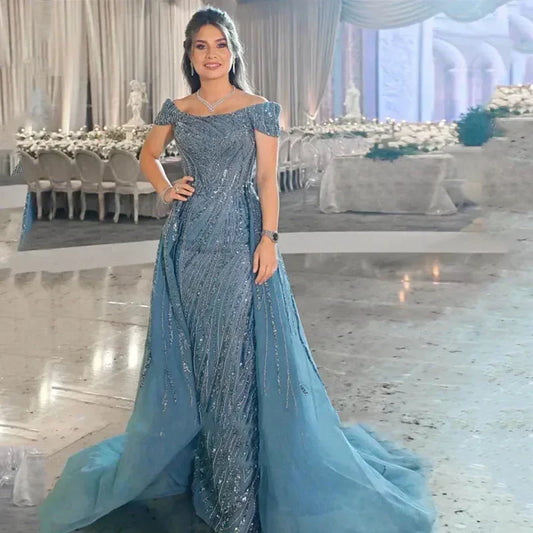 Luxury Blue Sequin Long Evening Dresses for Women Arabic Prom Wedding Gowns Off Shoulder Floor-Length Special Ocn