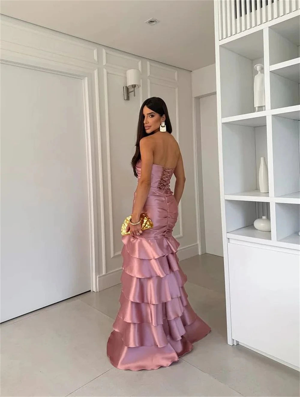 Pink Tiered Ruffle Mermaid Corset Prom Dresses Sleeveless Vestidos De Noche Floor-Length Formal Evening 2026