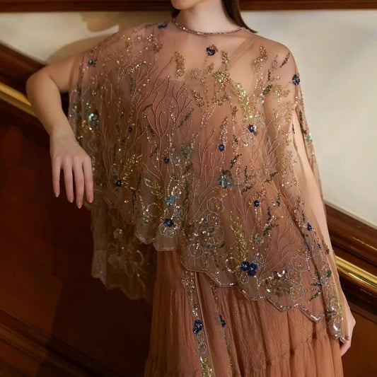 Women's A-line Evening Dresses Floor-length O-neck Sleeveless Prom Dresses Fashion Sequined Stole Simple Draped