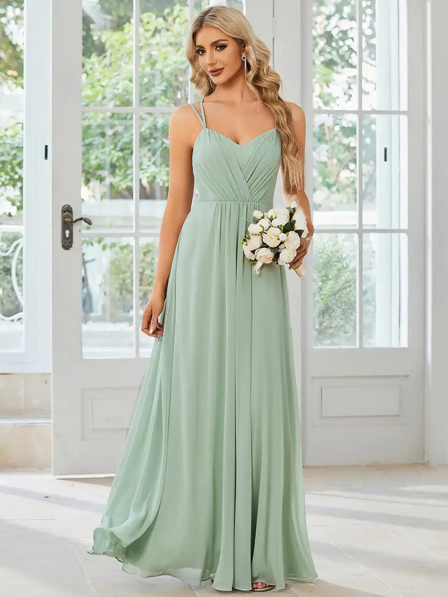 Elegant Evening Dress V Back Backless Floor-Length Ever Pretty of Chiffon Wrinkle Mint Green Bridesmaid Dress