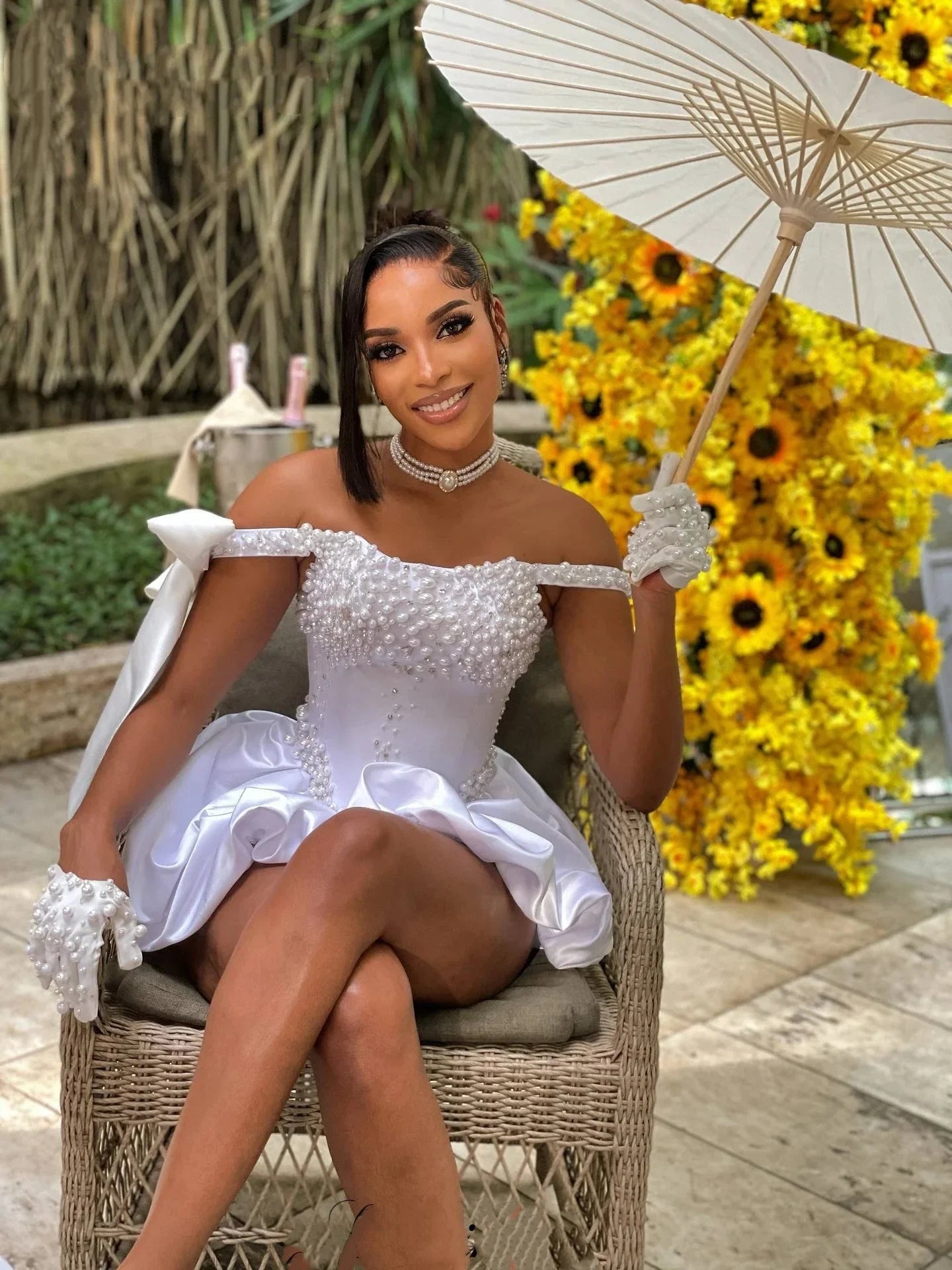 Pearl Fold Cocktail Ball Dress Sexy Off Shoulder Waist Black Girl Formal Wedding Party