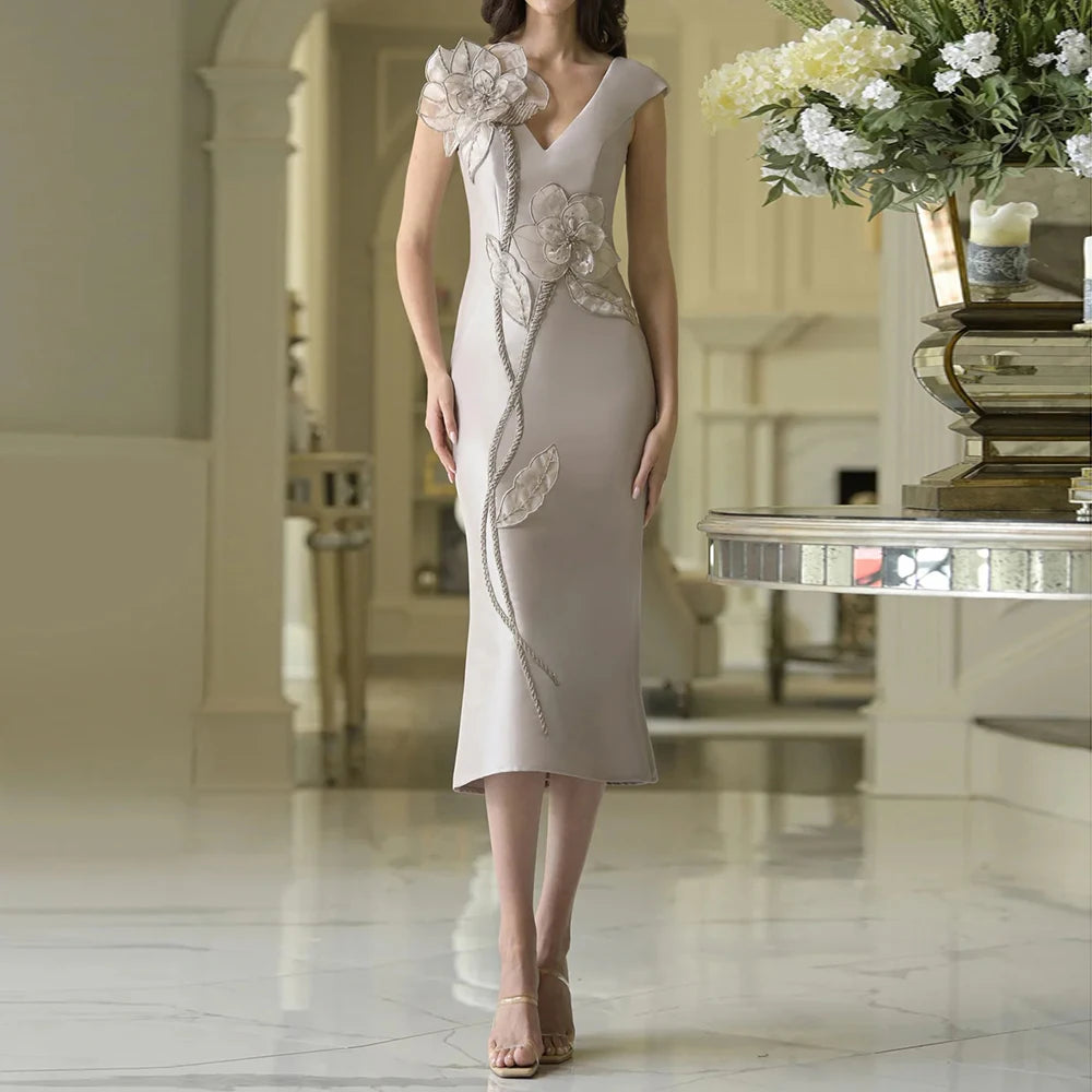 Women's A-line Cocktail Dresses Tea-length V-neck Sleeveless Exquisite Sequined Flowers