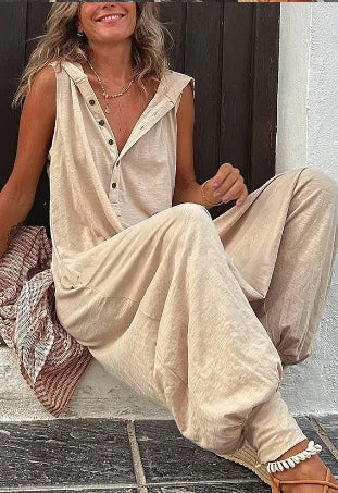 Hot Sale Women Solid Hooded Jumpsuit Button Sleeveless Loose Baggy Long Pants Romper