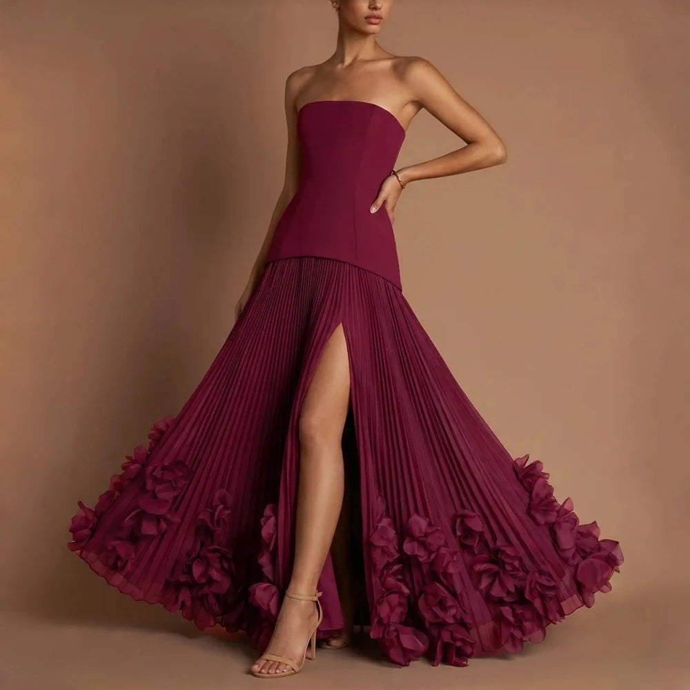 Burgundy Strapless Corset Bridesmaid Maxi Dress Stretch Crepe Bodice Pleated Chiffon Skirt High Side Slit 3D Floral A Line Dress