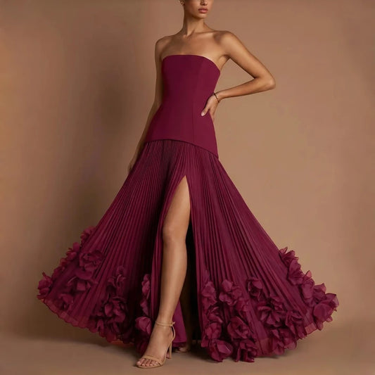 Burgundy Strapless Corset Bridesmaid Maxi Dress Stretch Crepe Bodice Pleated Chiffon Skirt High Side Slit 3D Floral A Line Dress