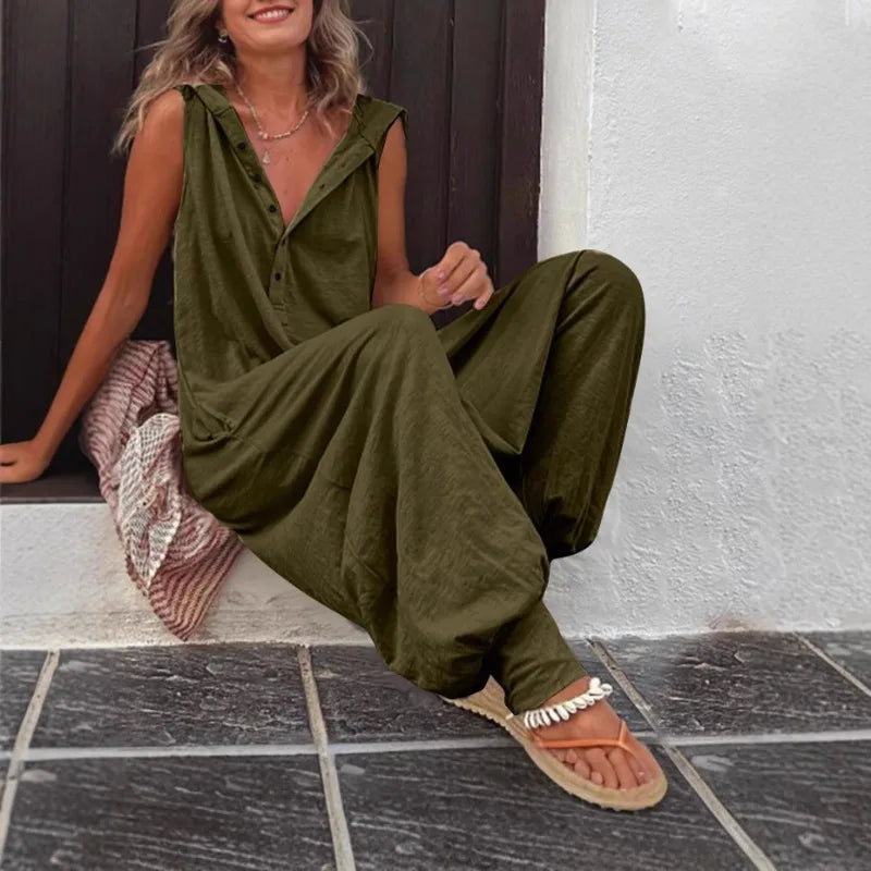 Hot Sale Women Solid Hooded Jumpsuit Button Sleeveless Loose Baggy Long Pants Romper