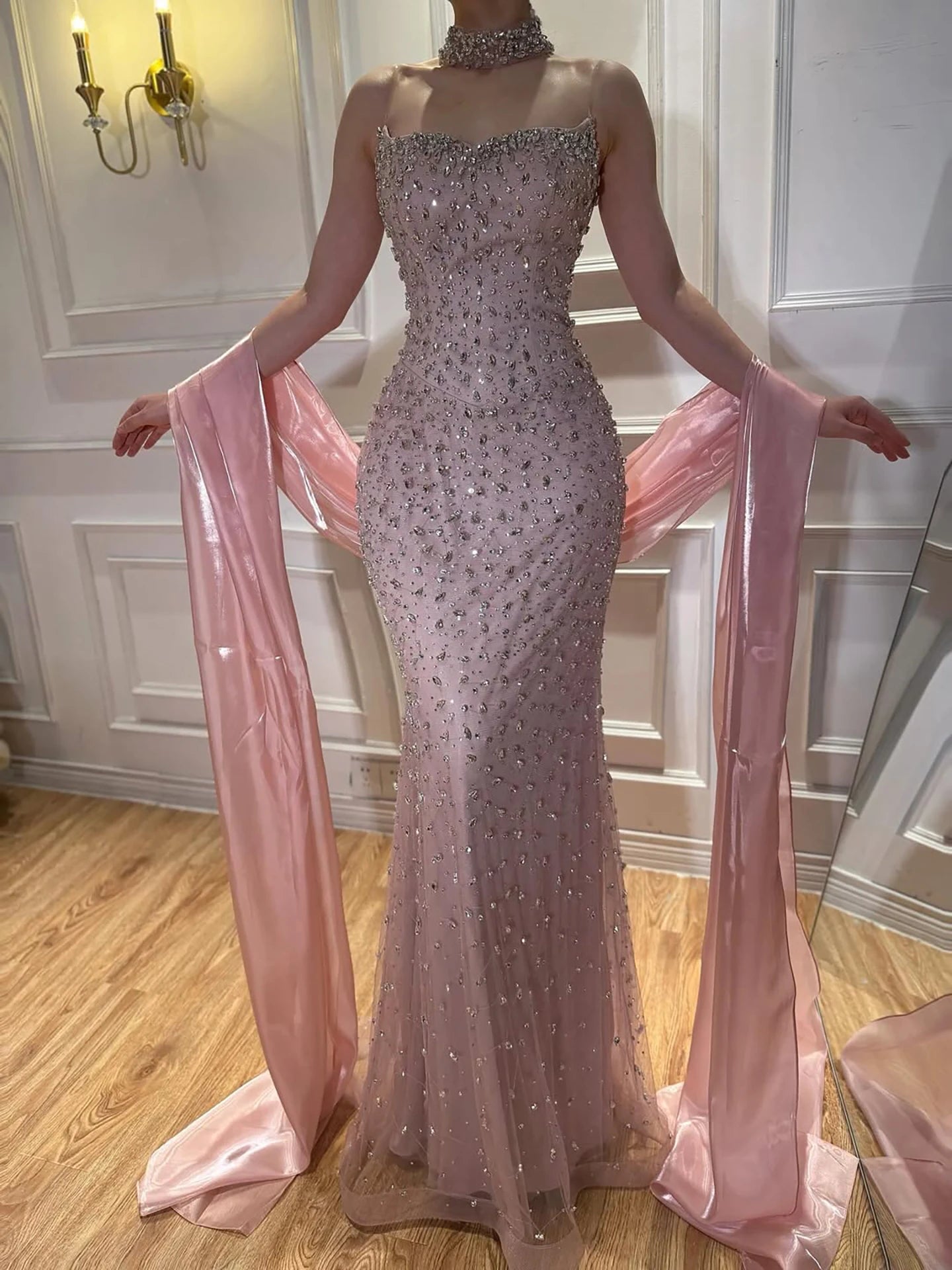 Pink Strapless Diamond Beaded Evening Dress Detachable Sleeve Formal Party Long Gown 2026