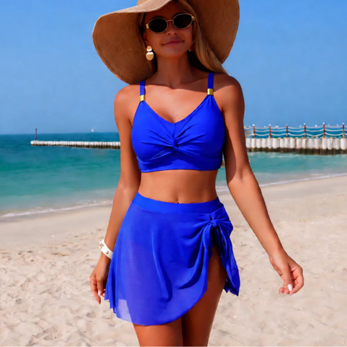 Black Strapped Knot Swimwear Women Cross Push Up Bikini Set Swimsuit Lady Solid Beach Mesh Skirt Bathing Suit