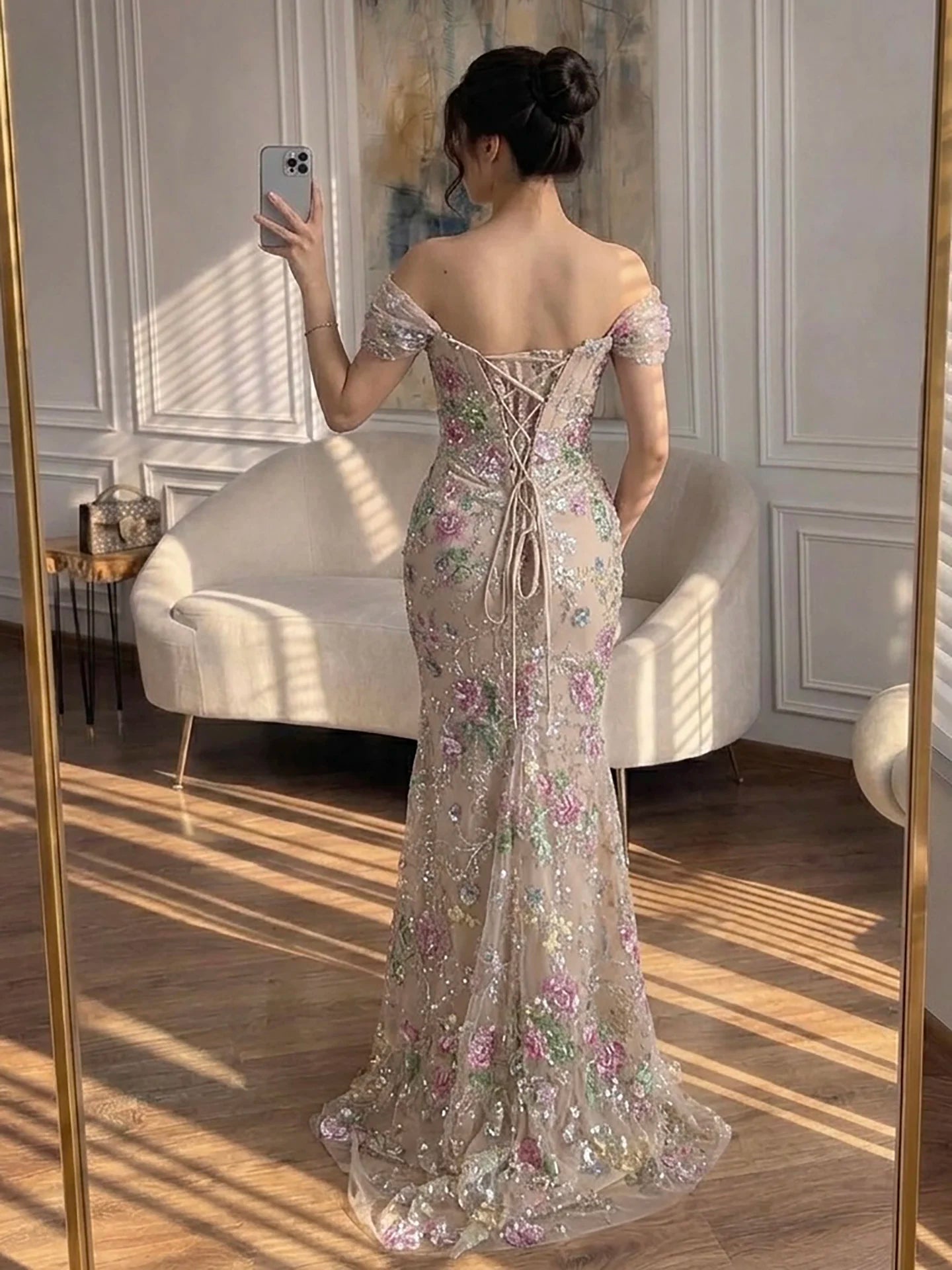 Serene Hill 2026 Luxury Nude Pink Floral Beaded Mermaid Evening Dress Gowns For Wedding Party