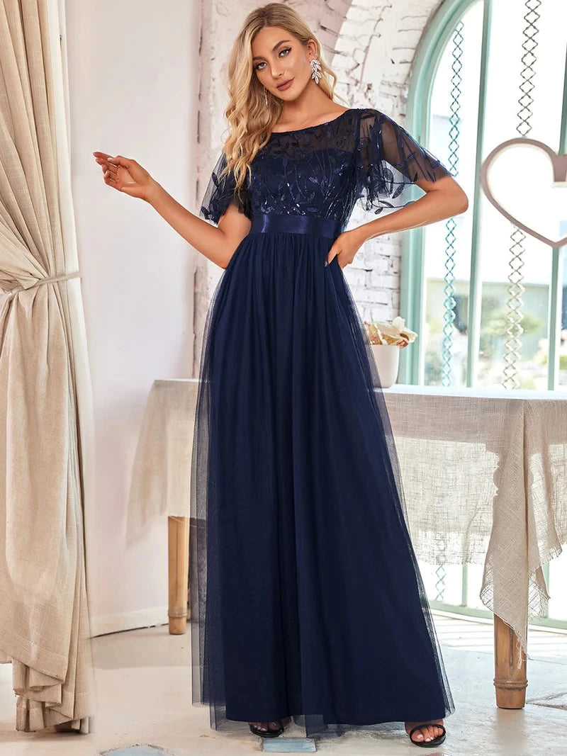 Print Maxi Long with Cap Sleeve Ever Pretty of Burgundy Gauze Prom Dresses Of Women