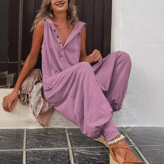 Hot Sale Women Solid Hooded Jumpsuit Button Sleeveless Loose Baggy Long Pants Romper