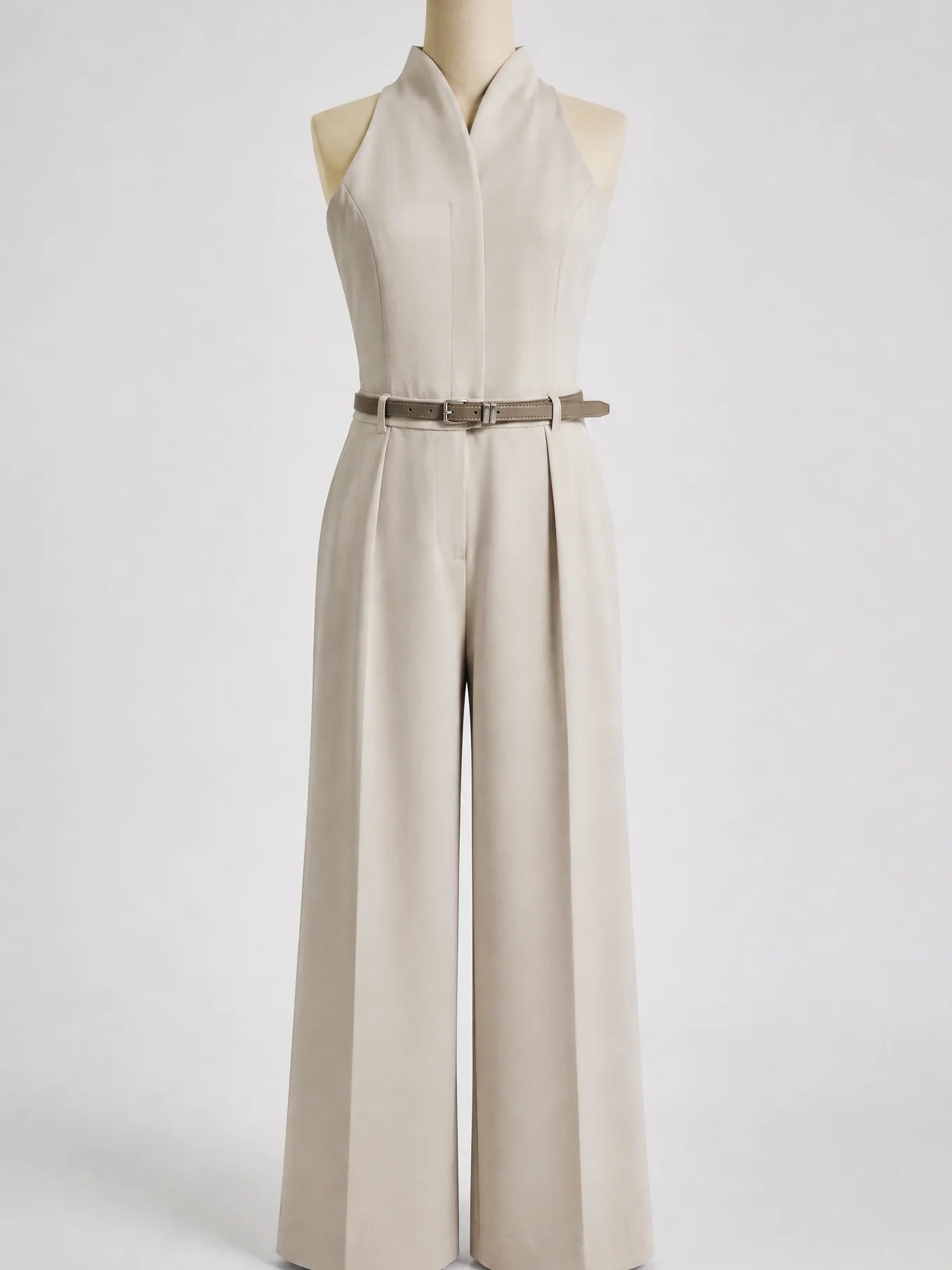 2026 New Women's Beige Halter Neck Jumpsuit with Belt, Sleeveless Wide Leg Pants, Elegant Formal & Office Outfit
