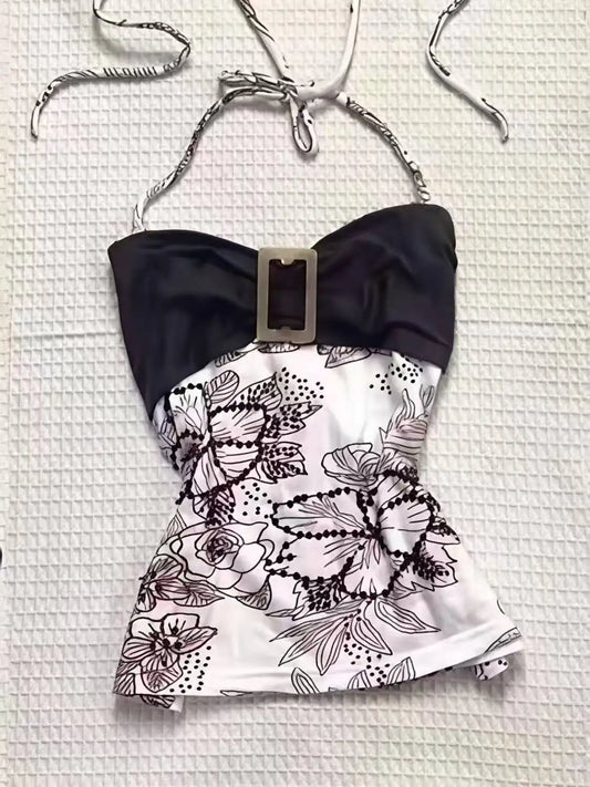 Summer Sweet Chic Design Lace Spliced Halter Tanks Slim Fit Flower Prints Hotsweet Backless Women Blouses