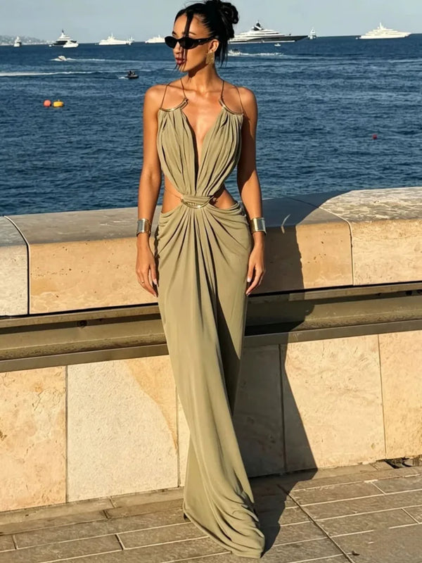 Sexy Halter Deep V Neck Maxi Dress Women Elegant Hollow Out Backless Sleeveless Bodycon Beach Club Party Evening Dress