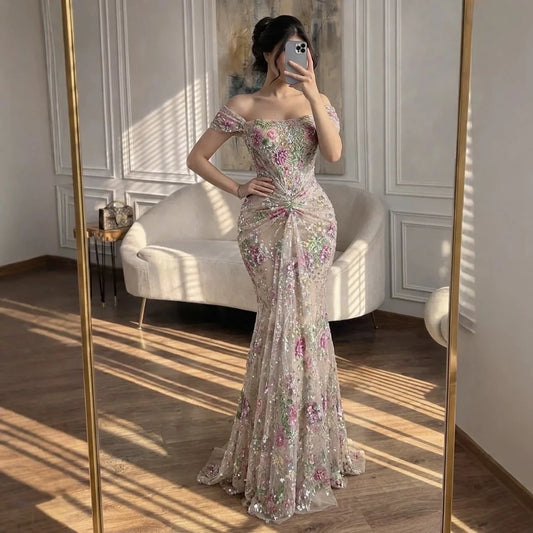Serene Hill 2026 Luxury Nude Pink Floral Beaded Mermaid Evening Dress Gowns For Wedding Party