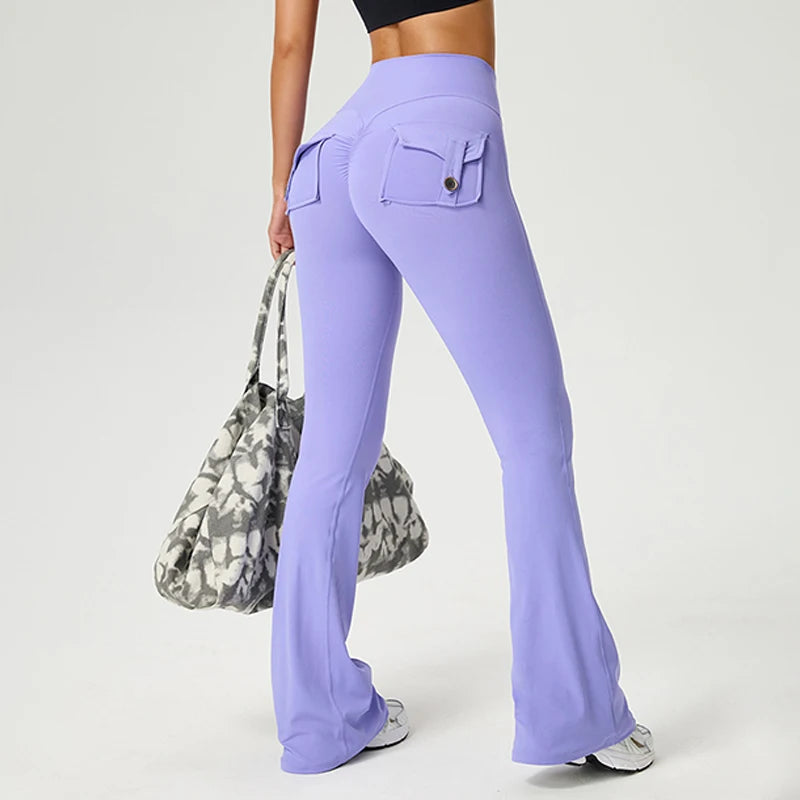 Yoga Pants Pocket Back Flare Leggings Sports Fitness High Waisted Scrunch Leggings Workout Trousers Gym Woman Clothing