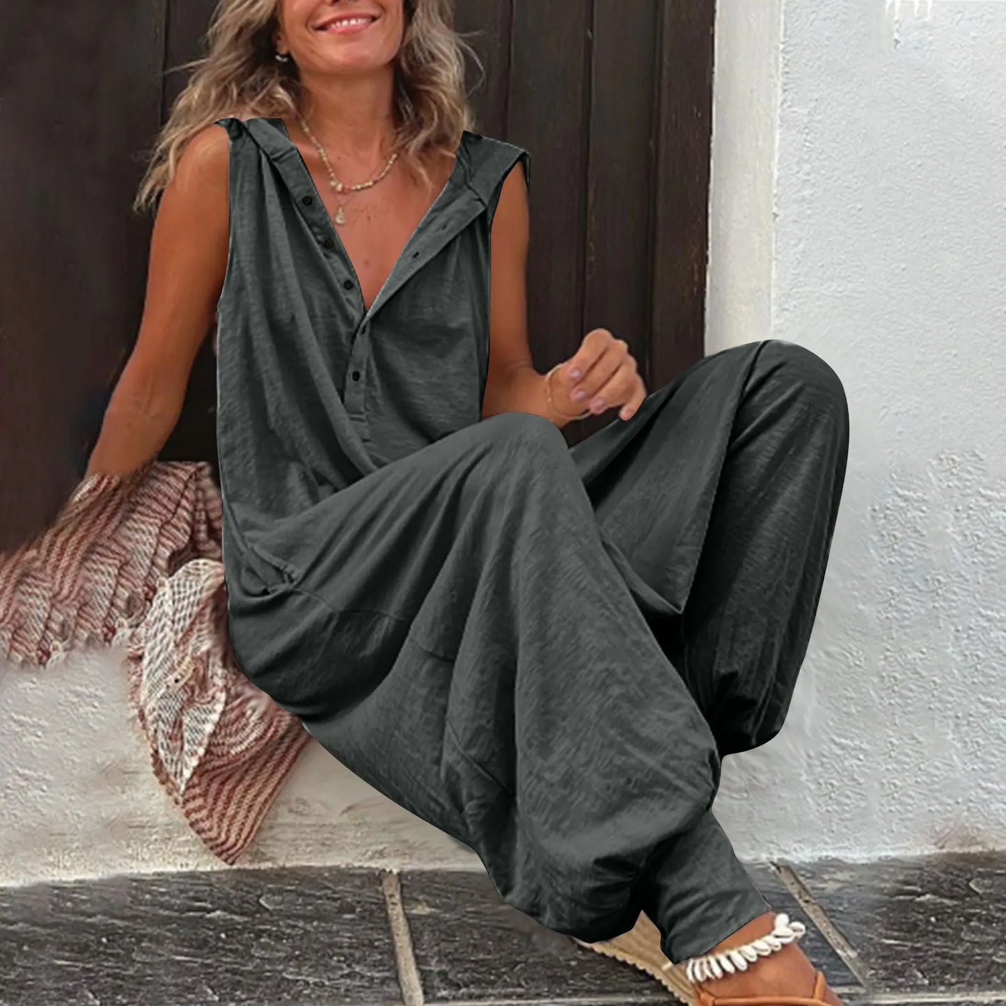 Hot Sale Women Solid Hooded Jumpsuit Button Sleeveless Loose Baggy Long Pants Romper