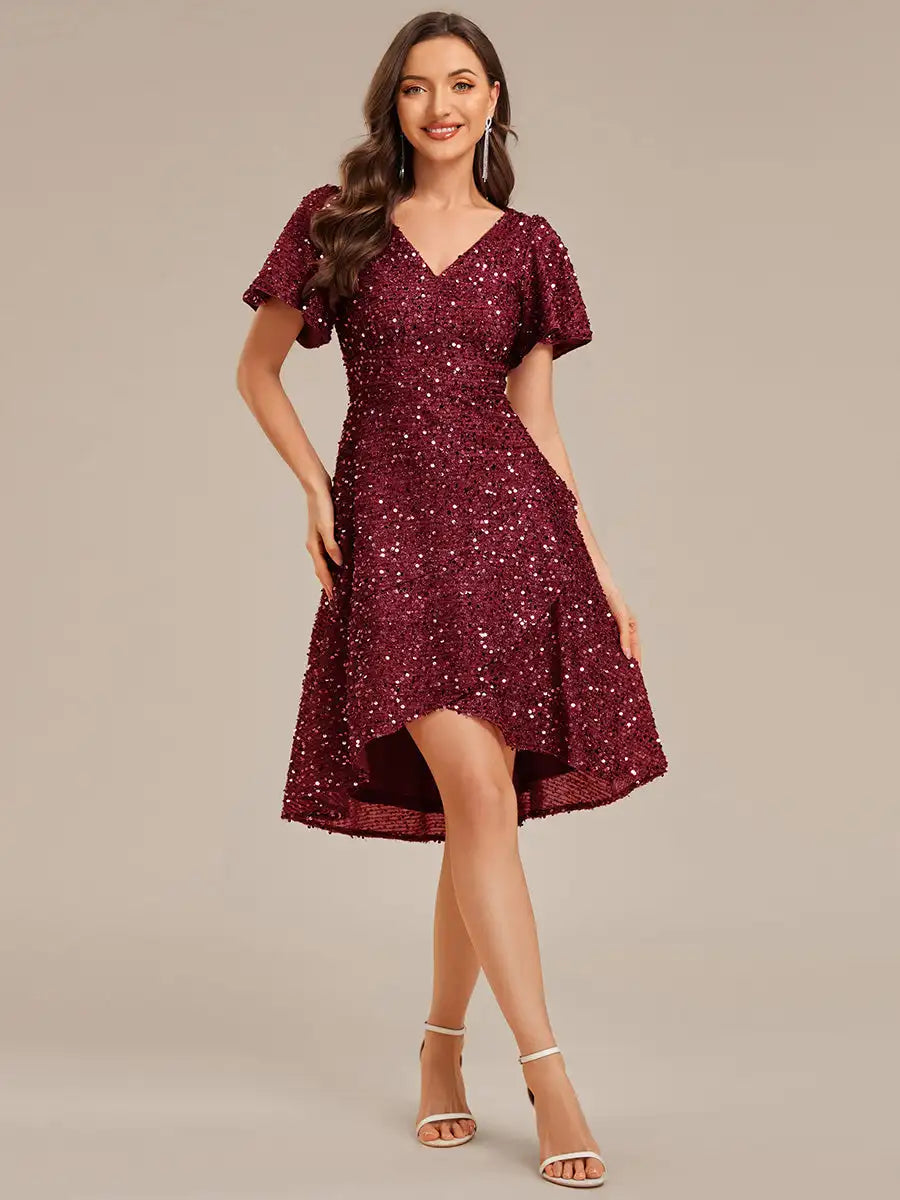 Evening Dress Short Sleeve Ruffle Sequin Deep V-Neck High-Low Ever Pretty of Burgundy Formal Dresses