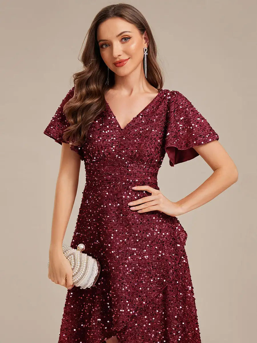 Evening Dress Short Sleeve Ruffle Sequin Deep V-Neck High-Low Ever Pretty of Burgundy Formal Dresses