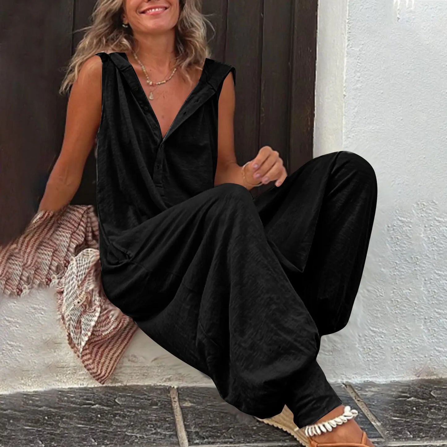 Hot Sale Women Solid Hooded Jumpsuit Button Sleeveless Loose Baggy Long Pants Romper