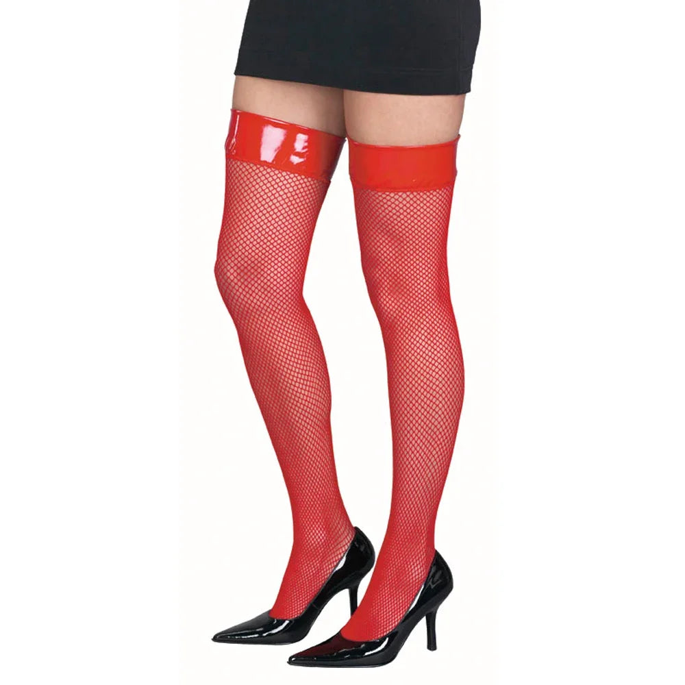 Women's Faux Leather Red Fishnet Stocking with Vinyl Top Lingerie