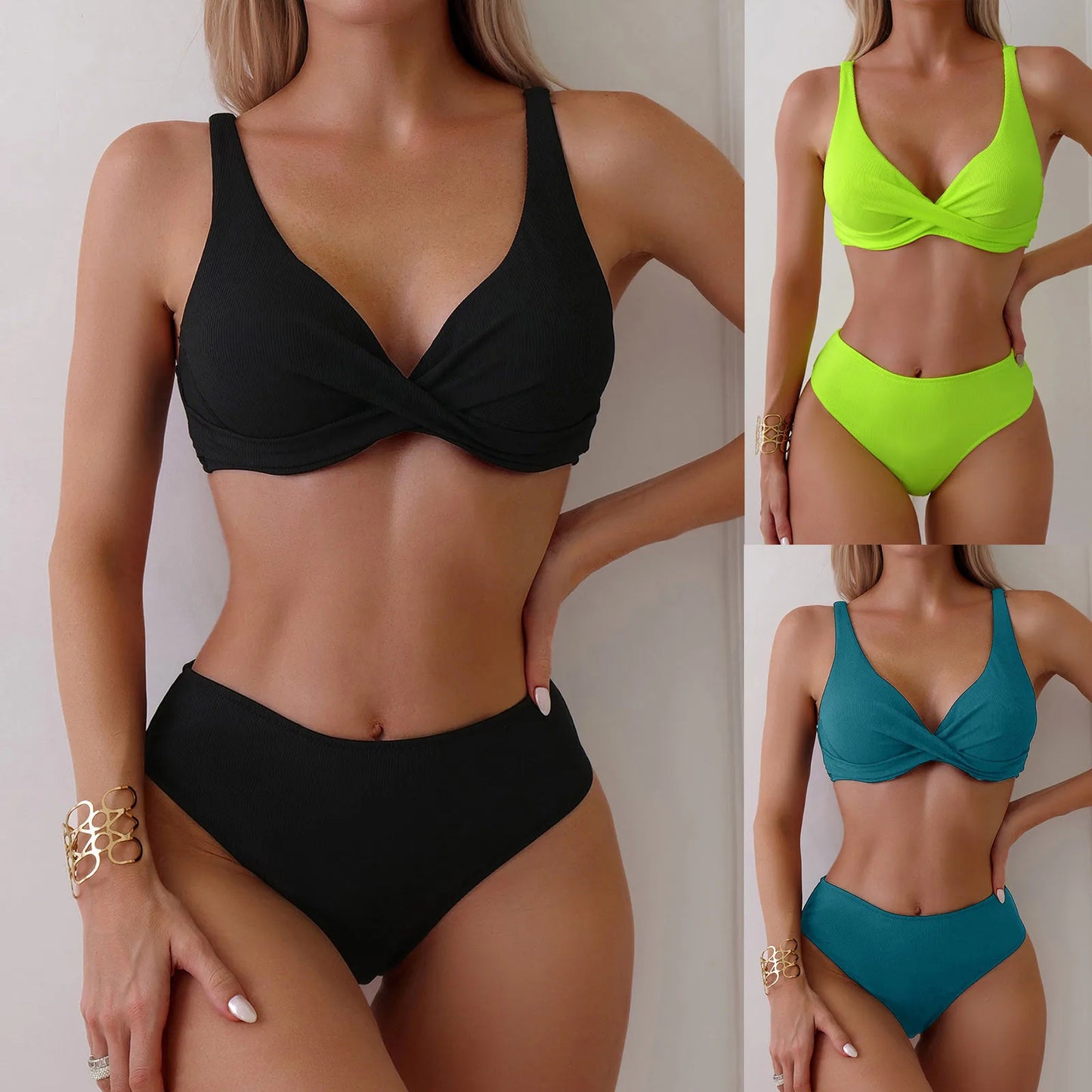 Women Bikini Set Sexy  Striped Swimsuits For Women Solid Color Summer
